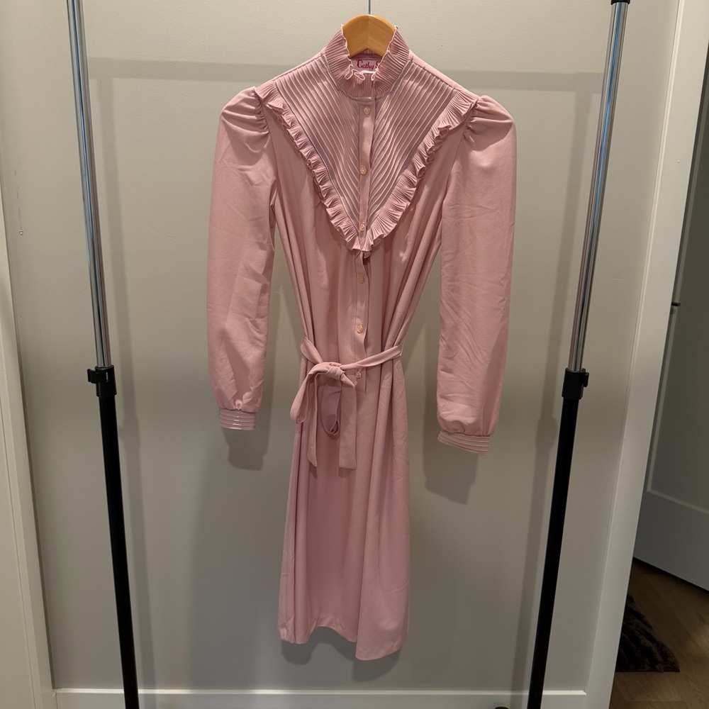 Vintage 70s Pink Ruffled Dress with Tie Waist